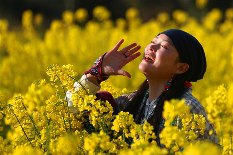 游客在油菜花海里拍照賞花。