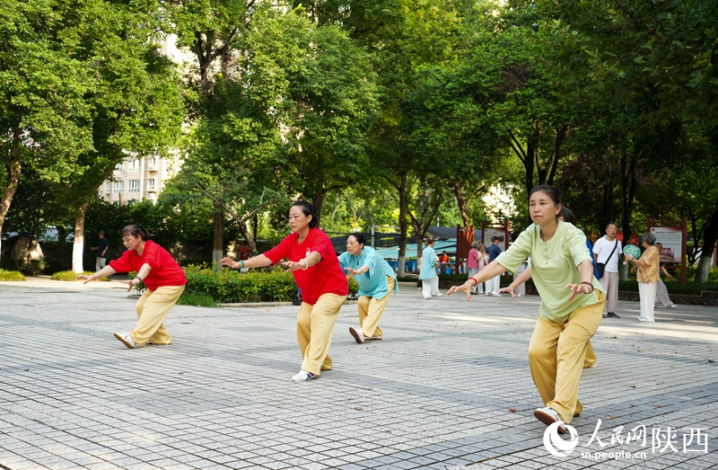 西安市勞動公園內(nèi)，市民正在練習(xí)五禽戲。人民網(wǎng)記者 賈凱璐攝